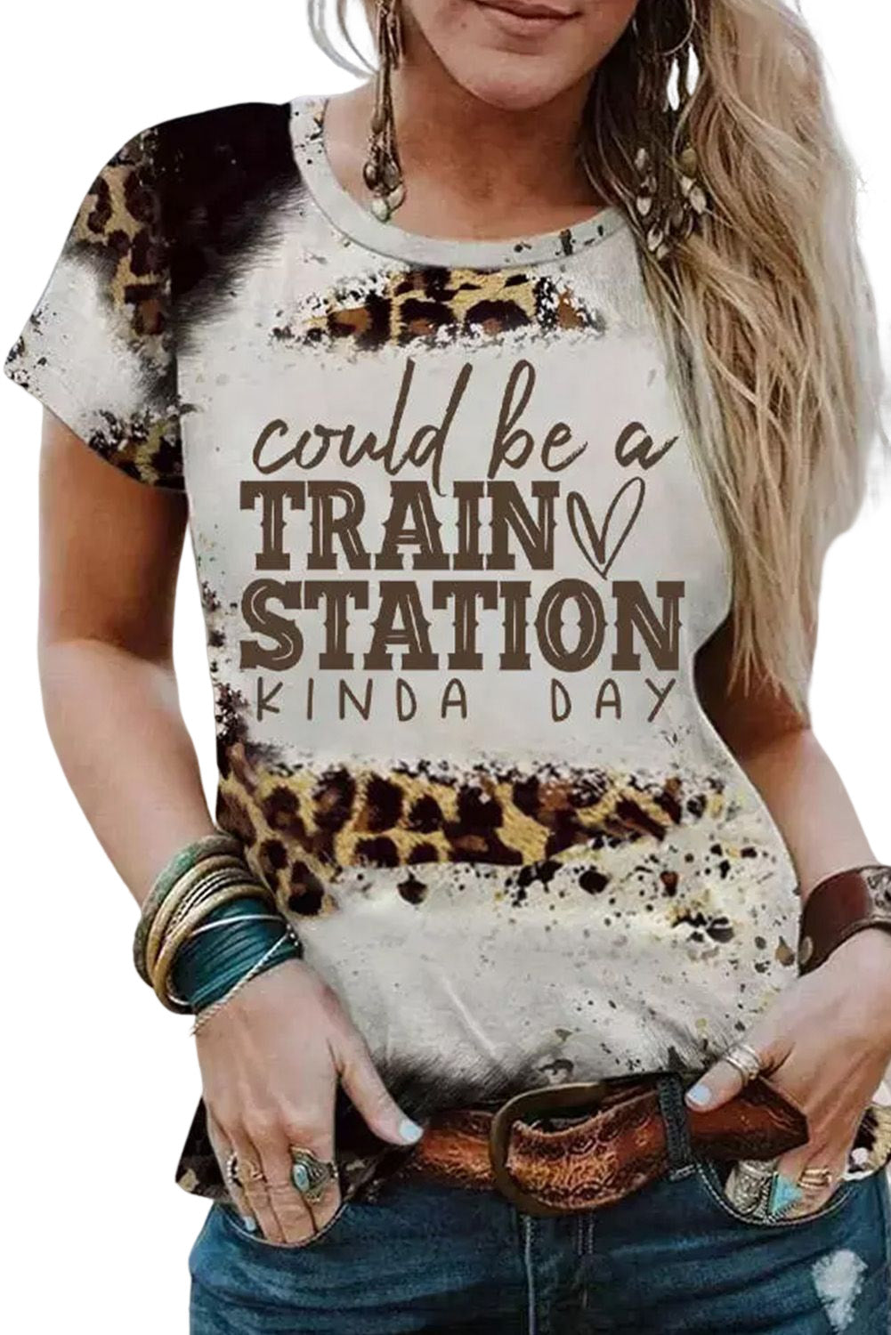 Brown TRAIN STATION Graphic Leopard Print T Shirt Graphic Tees JT's Designer Fashion