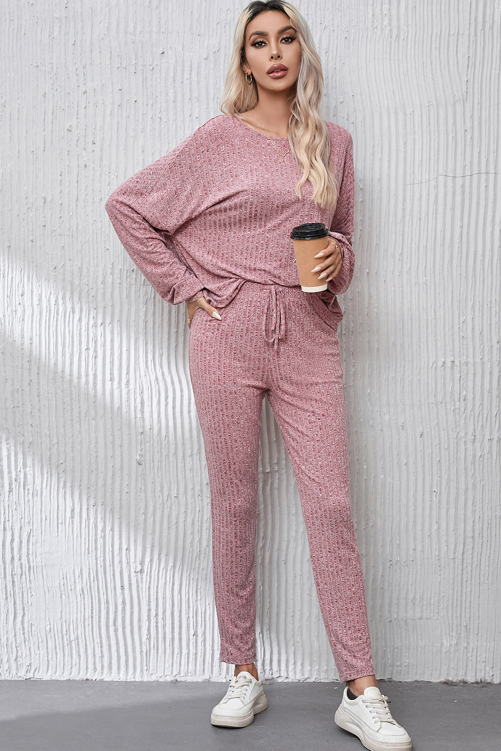 Peach Blossom Ribbed Drop Shoulder Top and Knot Waist Leggings Set Pant Sets JT's Designer Fashion