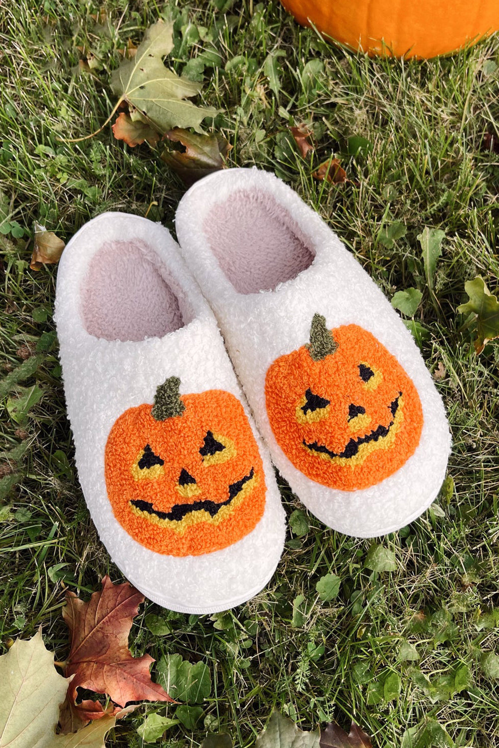 White Halloween Pumpkin Print Plush Slippers Slippers JT's Designer Fashion