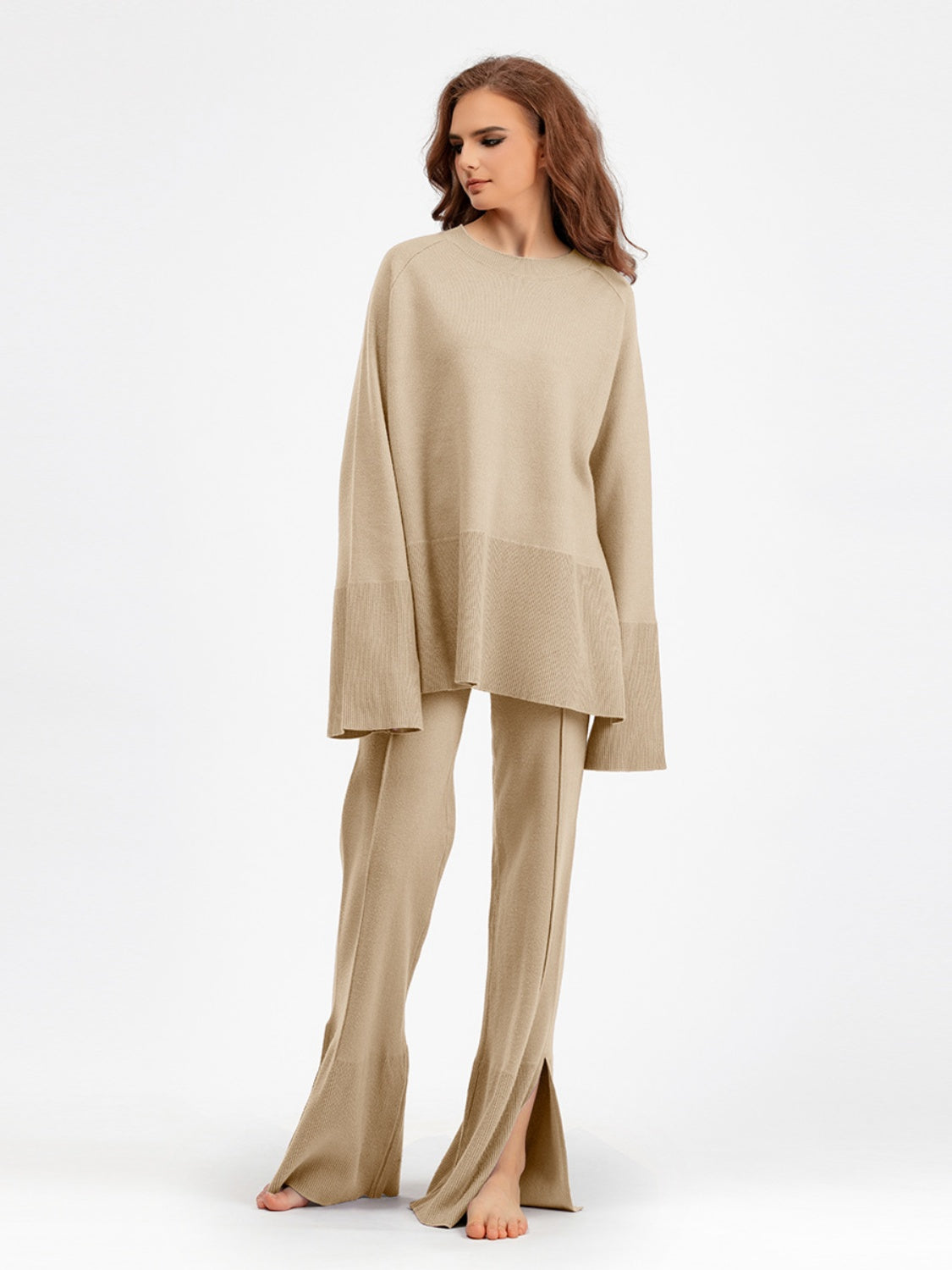 Slit Round Neck Long Sleeve Top and Drawstring Pants Sweater Set Tan One Size Pants Sets JT's Designer Fashion