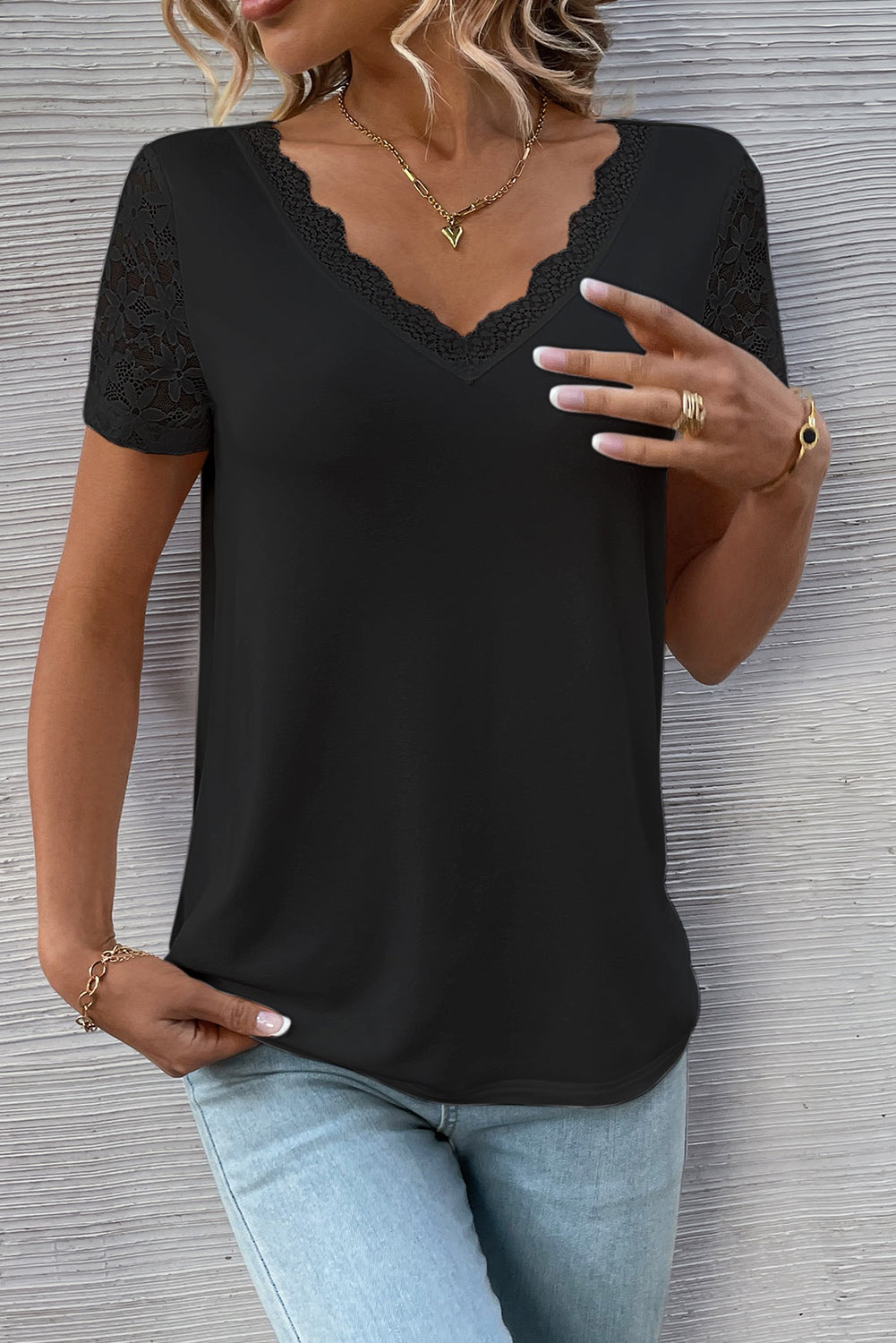 Black Contrast Lace V-Neck Patchwork Sleeve Casual T-Shirt Pre Order Tops JT's Designer Fashion