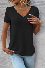 Black Contrast Lace V-Neck Patchwork Sleeve Casual T-Shirt Pre Order Tops JT's Designer Fashion