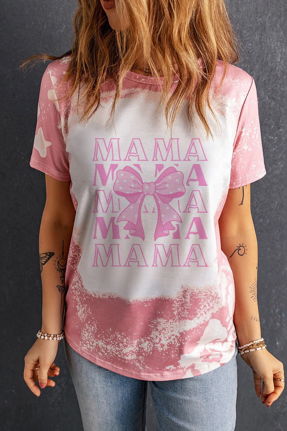 Pink MAMA Bowknot Graphic Bleached Tee Graphic Tees JT's Designer Fashion