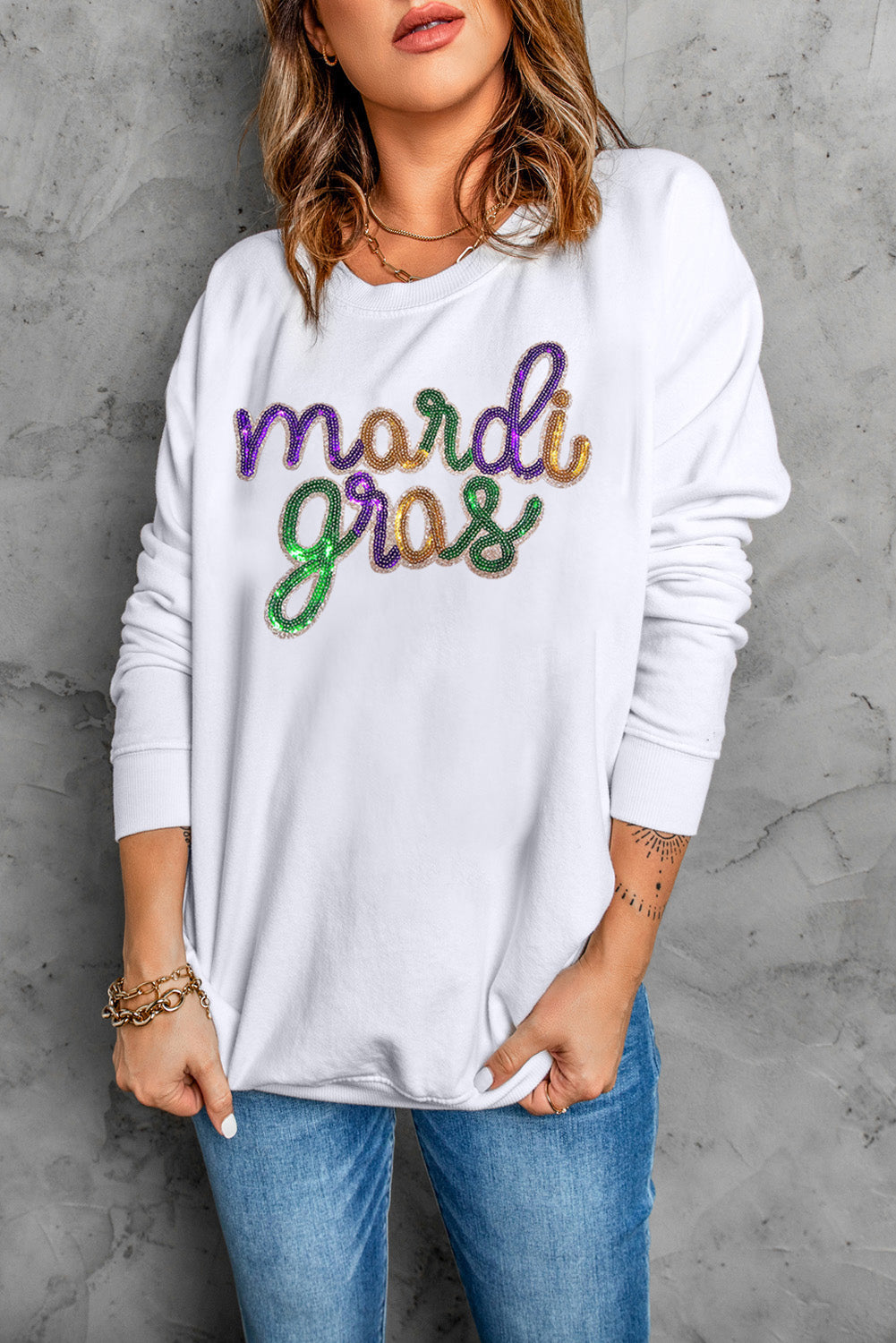 White Sequined mardi gras Graphic Crew Neck Drop Shoulder Sweatshirt Graphic Sweatshirts JT's Designer Fashion