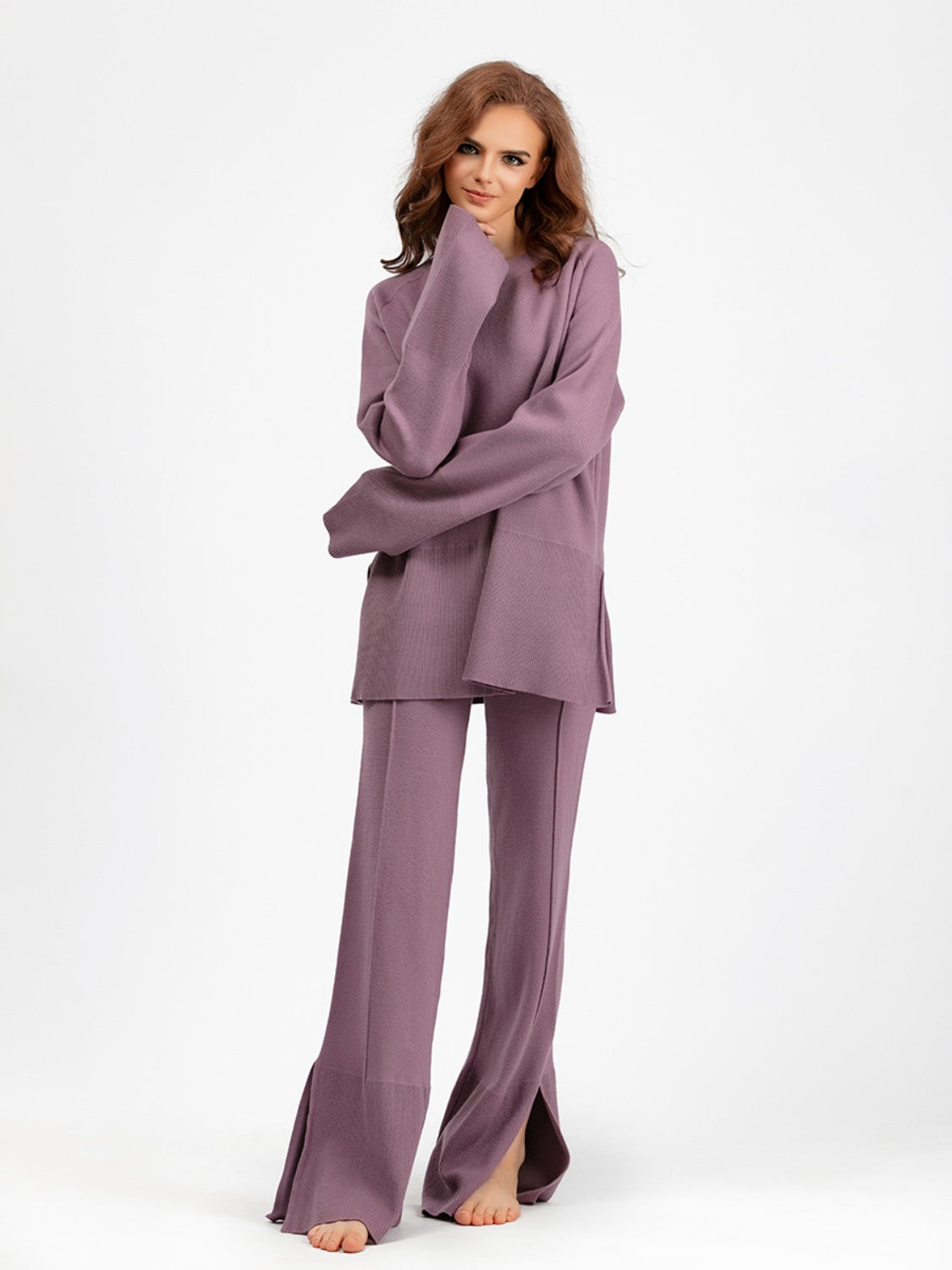 Slit Round Neck Long Sleeve Top and Drawstring Pants Sweater Set Pants Sets JT's Designer Fashion