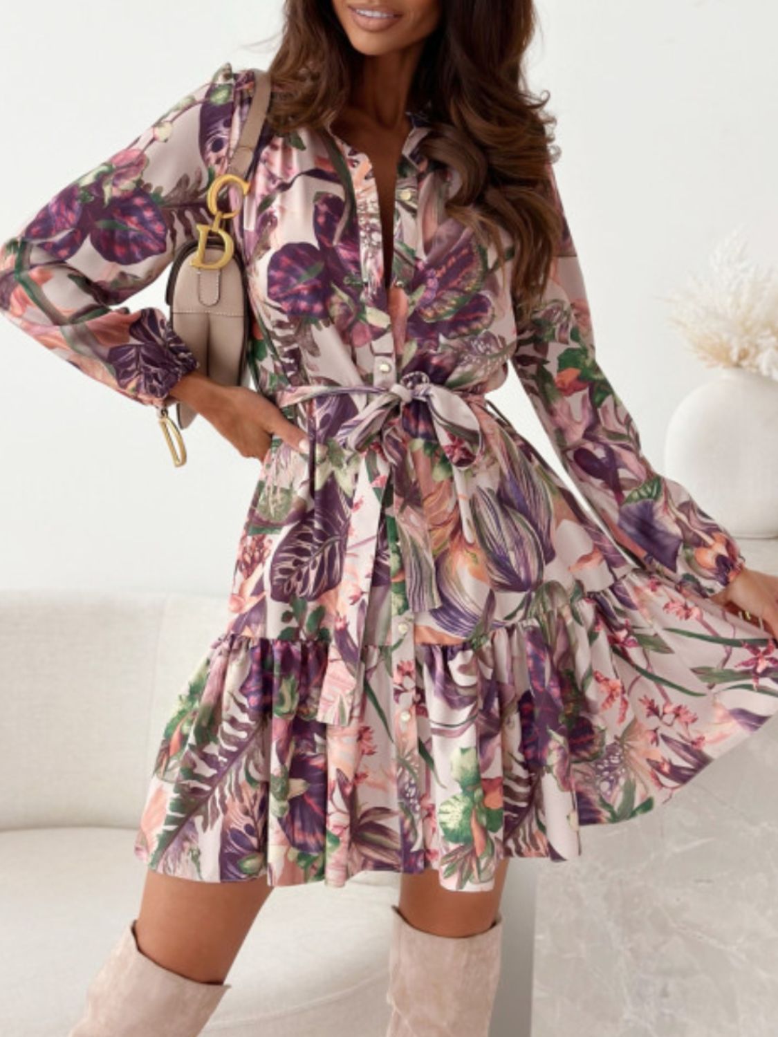 Ruffle Hem Floral Long Sleeve Dress Mini Dresses JT's Designer Fashion