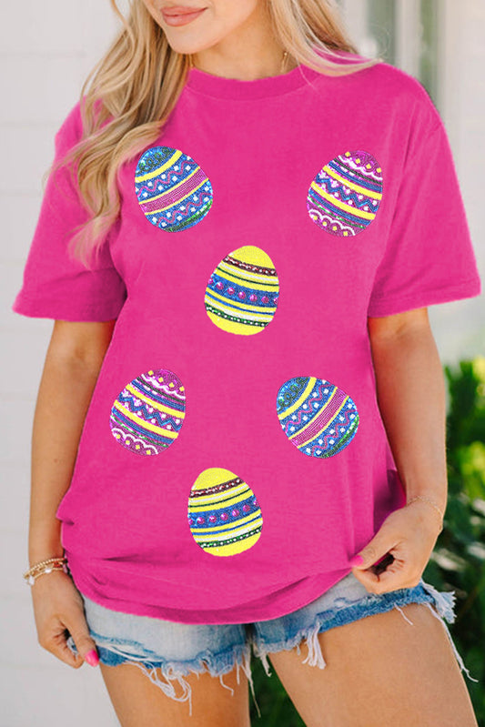 Rose Red Sequin Easter Egg Graphic Casual T Shirt Graphic Tees JT's Designer Fashion