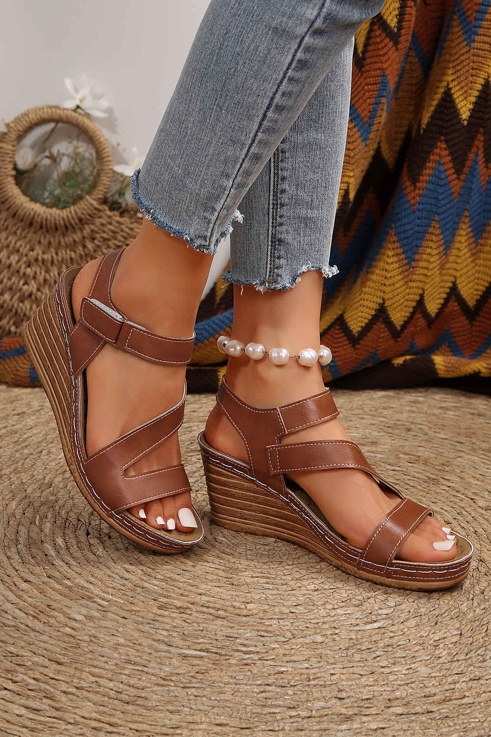 Chestnut Hollow Out Leather Wedge Sandals Sandals JT's Designer Fashion