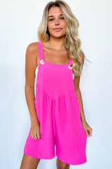 Bright Pink Solid Side Pockets Buttoned Wide Leg Overall Bottoms JT's Designer Fashion