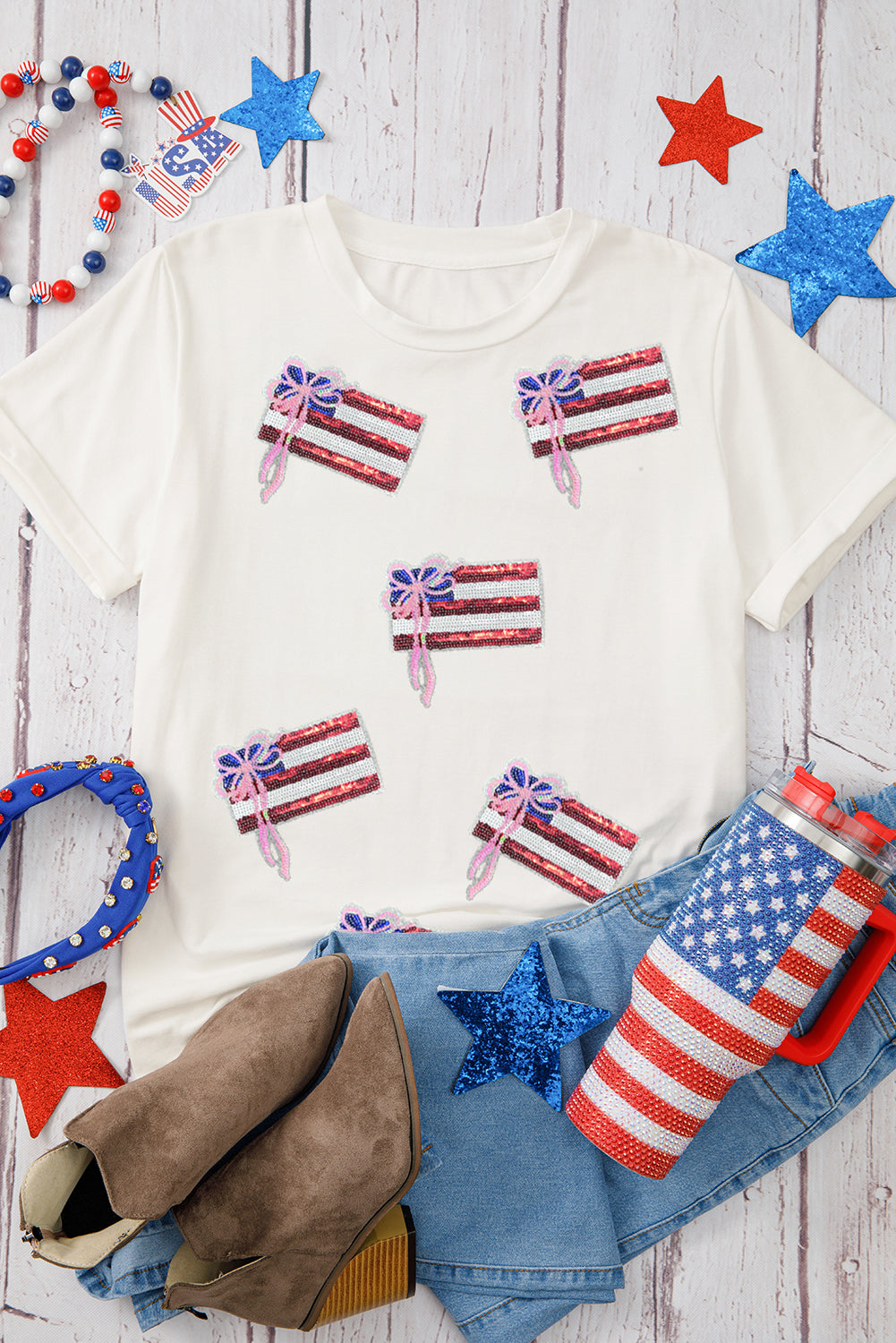 White Sequin Bow American Flag Patched T Shirt Graphic Tees JT's Designer Fashion