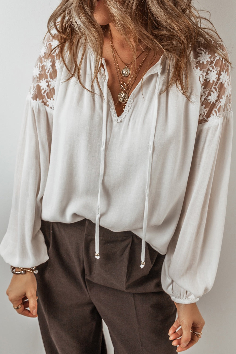 White Floral Lace Patchwork Puff Sleeve Tied V Neck Blouse Blouses & Shirts JT's Designer Fashion