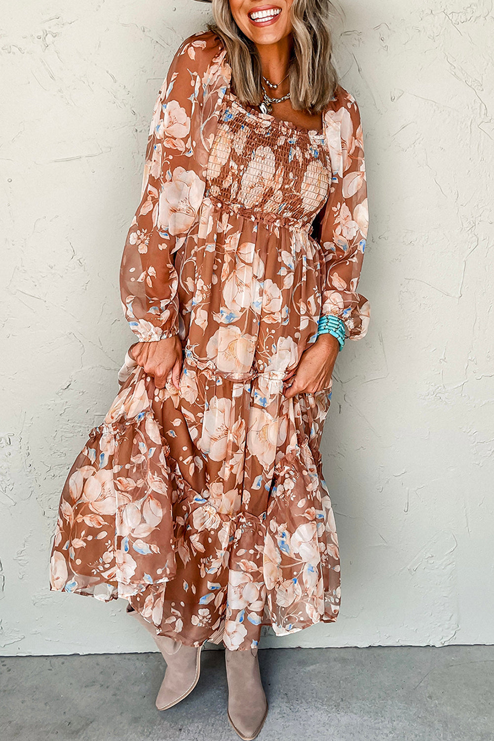 Brown Floral Print Shirred Square Neck High Waist Maxi Dress Brown 100%Polyester Maxi Dresses JT's Designer Fashion