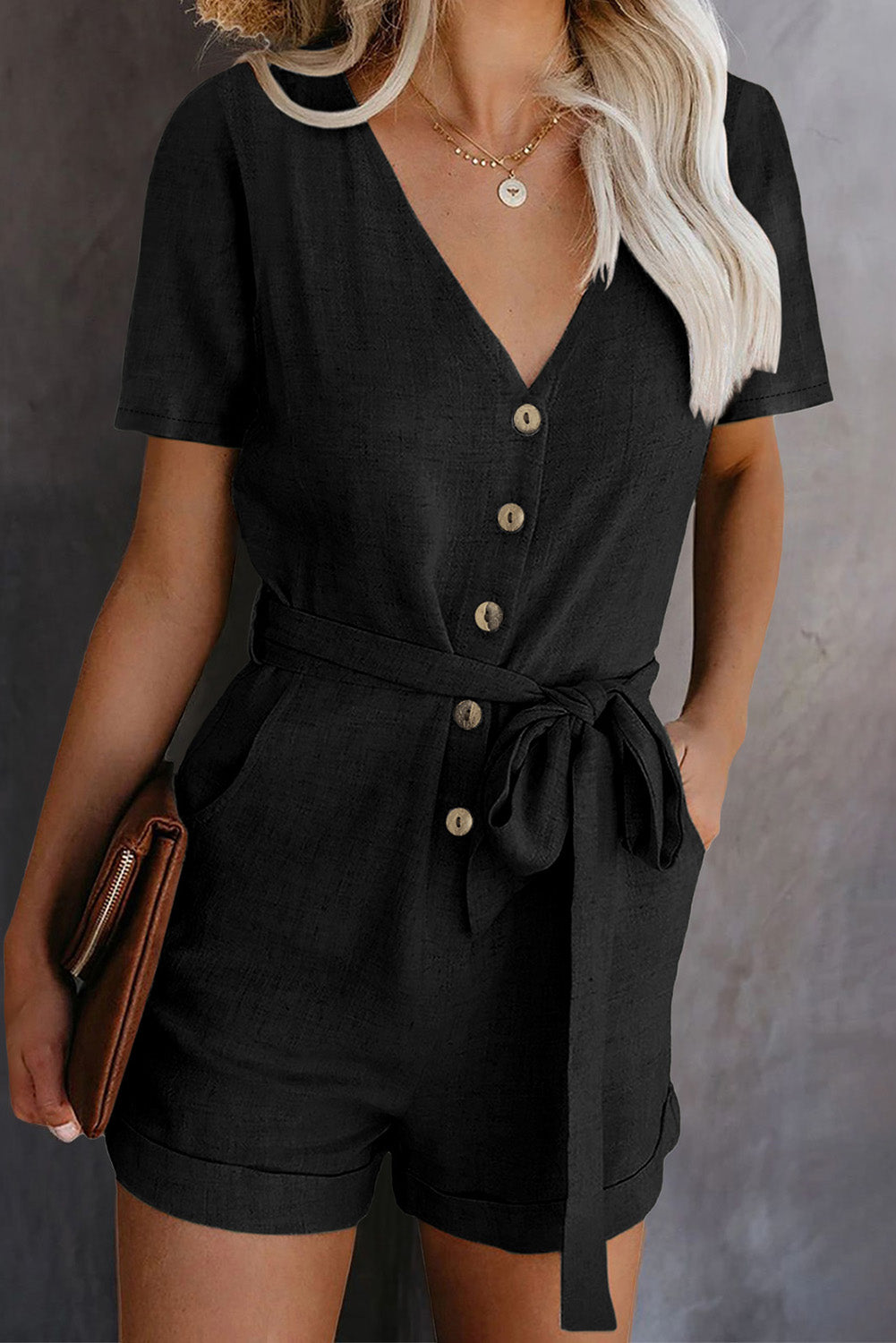 Black V Neck Short Sleeve Buttons Belted Romper with Pockets Jumpsuits & Rompers JT's Designer Fashion