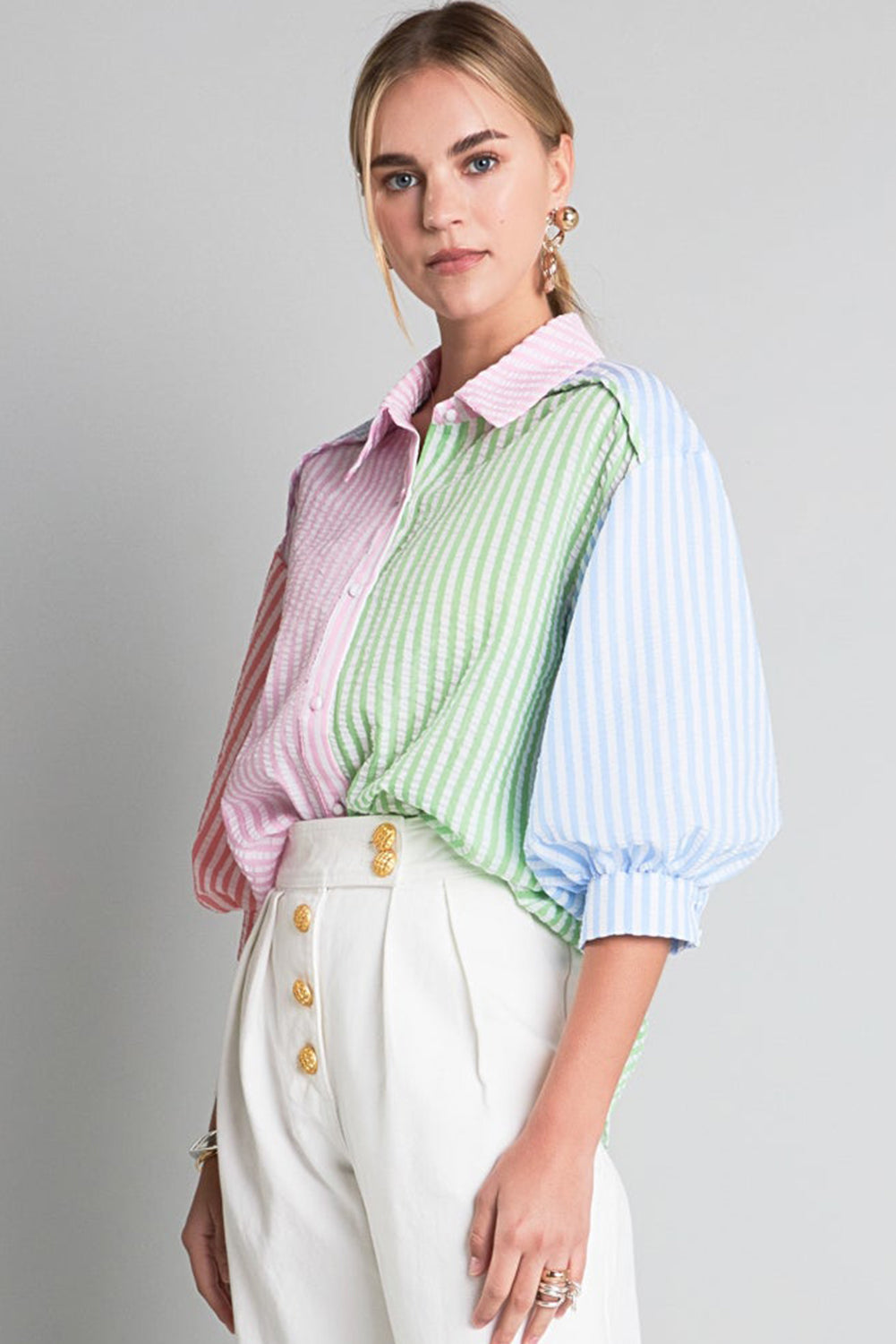 Pink Stripe Color Block Balloon Sleeve Buttoned Loose Fit Shirt Blouses & Shirts JT's Designer Fashion