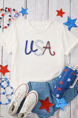 White Sequin USA Graphic Crew Neck Patriotic Tee Graphic Tees JT's Designer Fashion