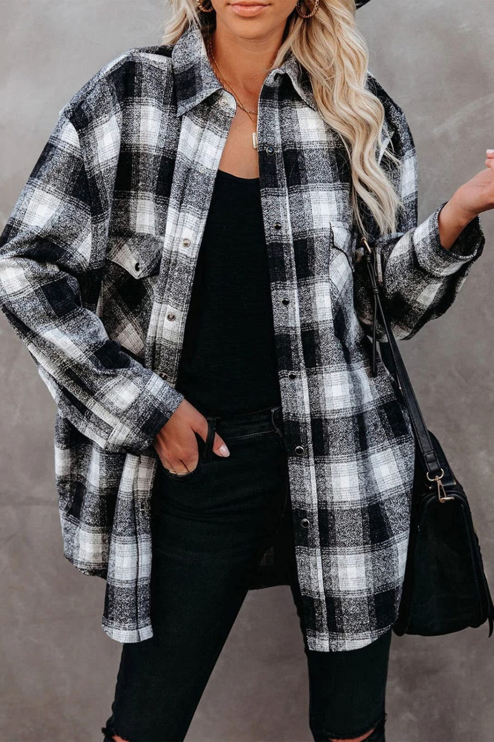 Full Size Plaid Collared Neck Long Sleeve Shirt Black Long Sleeve Tops JT's Designer Fashion