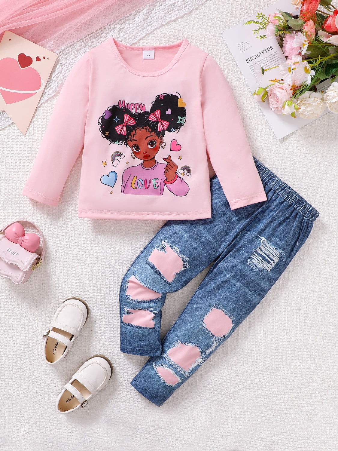 Children's Cartoon Graphic Top and Pants Set Blush Pink Children's Apparel JT's Designer Fashion