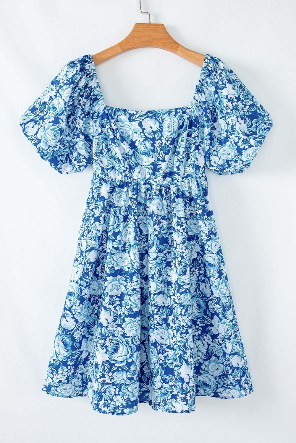 Blue Floral Puff Sleeve Babydoll Mini Dress Floral Dresses JT's Designer Fashion