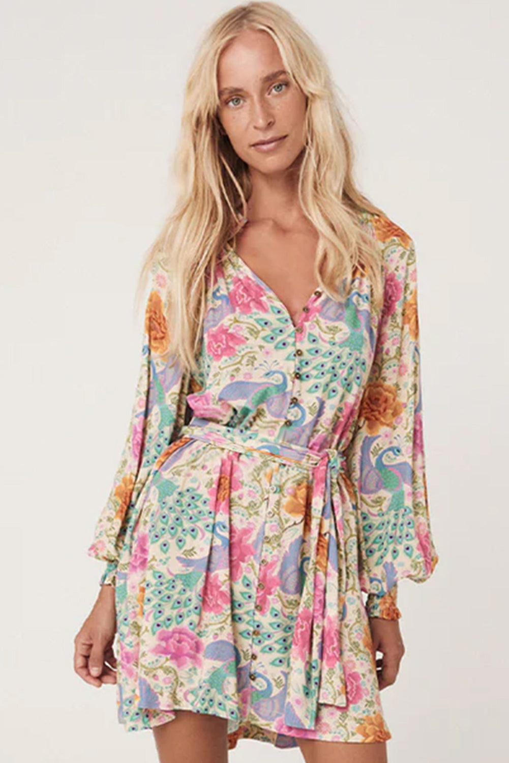 Multicolour Floral Print Bubble Sleeve Buttoned V Neck Mini Dress Floral Dresses JT's Designer Fashion