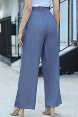 Sky Blue Side Pockets Frilled Smocked High Waist Wide Leg Jeans Bottoms JT's Designer Fashion