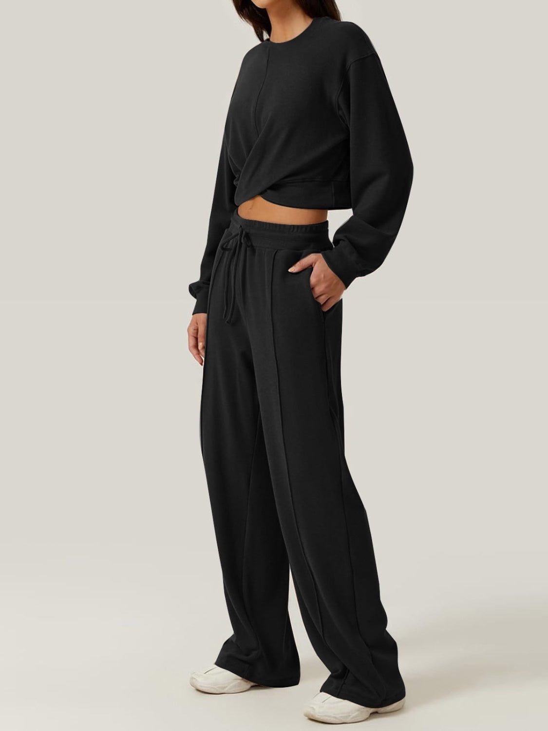 Crisscross Round Neck Top and Drawstring Pants Set Black Pant Sets JT's Designer Fashion