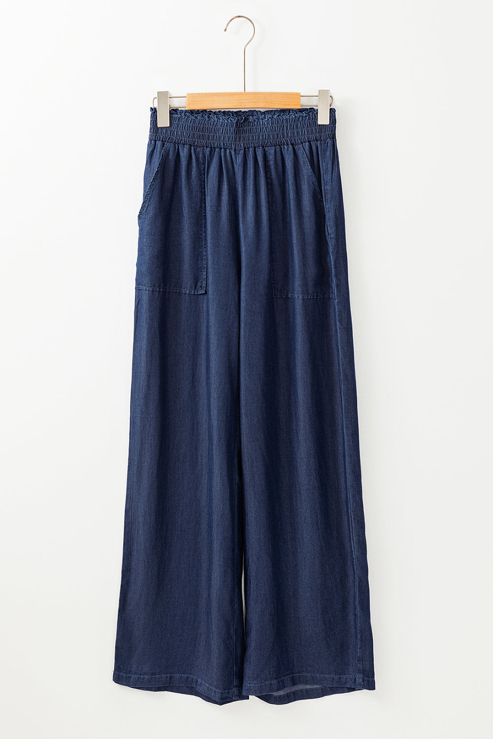 Sail Blue Side Pockets Frilled Smocked High Waist Wide Leg Jeans Jeans JT's Designer Fashion