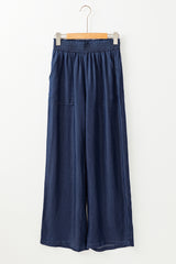 Sail Blue Side Pockets Frilled Smocked High Waist Wide Leg Jeans Jeans JT's Designer Fashion