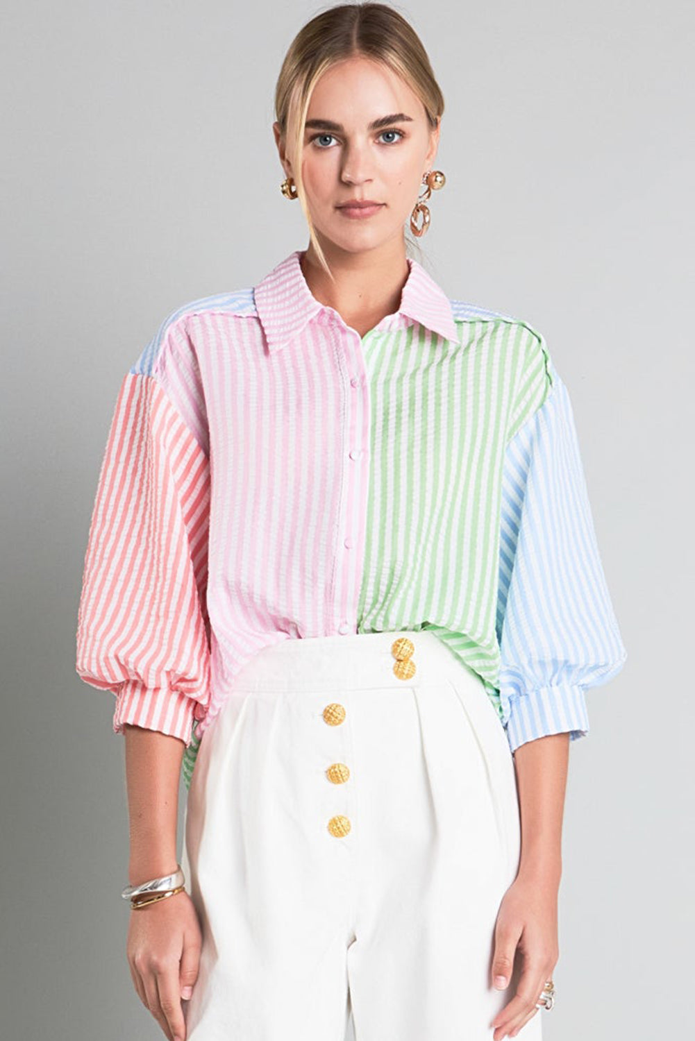 Pink Stripe Color Block Balloon Sleeve Buttoned Loose Fit Shirt Blouses & Shirts JT's Designer Fashion