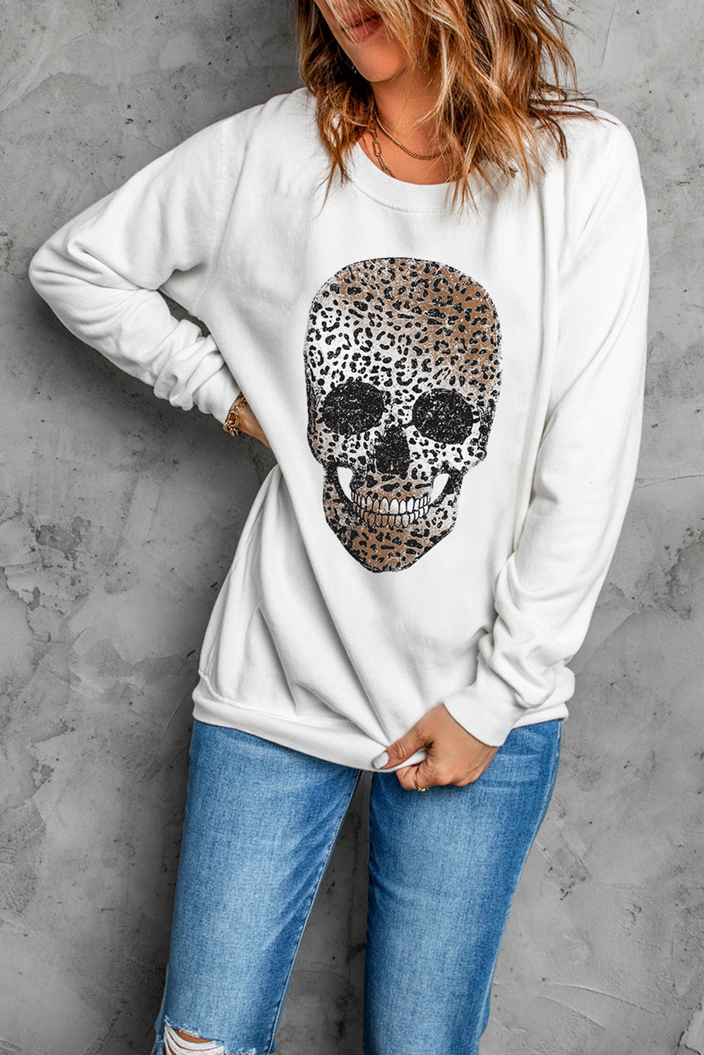 White Leopard Skull Print Crew Neck Graphic Sweatshirt Graphic Sweatshirts JT's Designer Fashion
