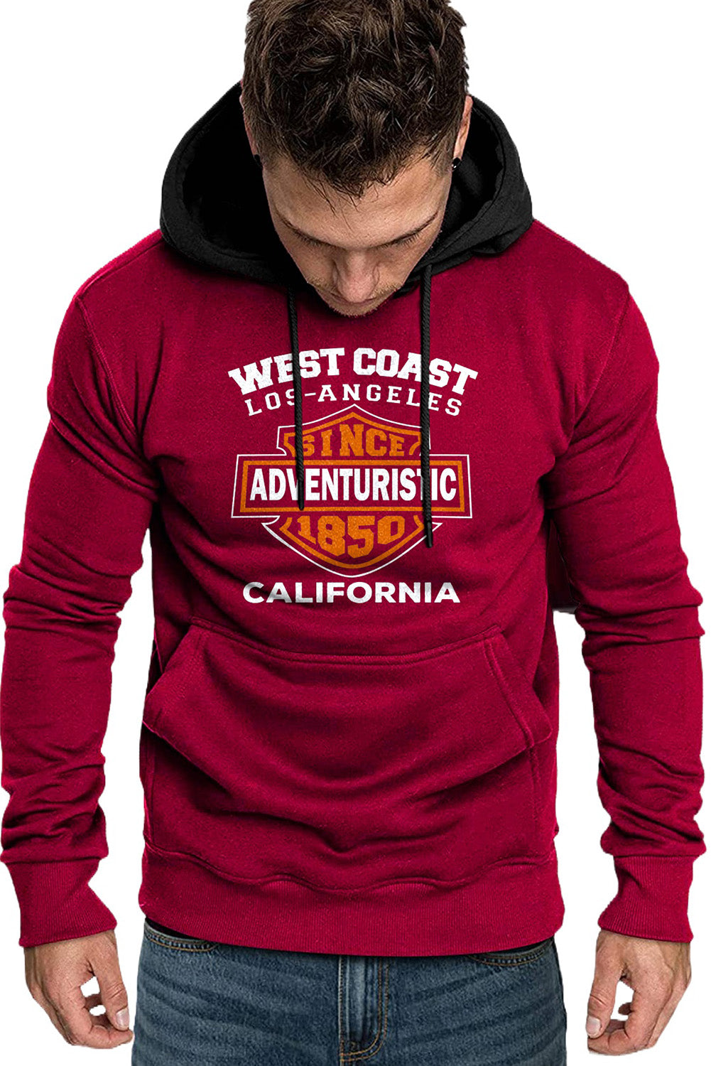 Fiery Red Letter Print Kangaroo Pocket Color Block Men's Hoodie Men's Tops JT's Designer Fashion
