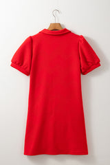 Fiery Red Textured Collared V Neck Puff Short Sleeve Shift Mini Dress Mini Dresses JT's Designer Fashion