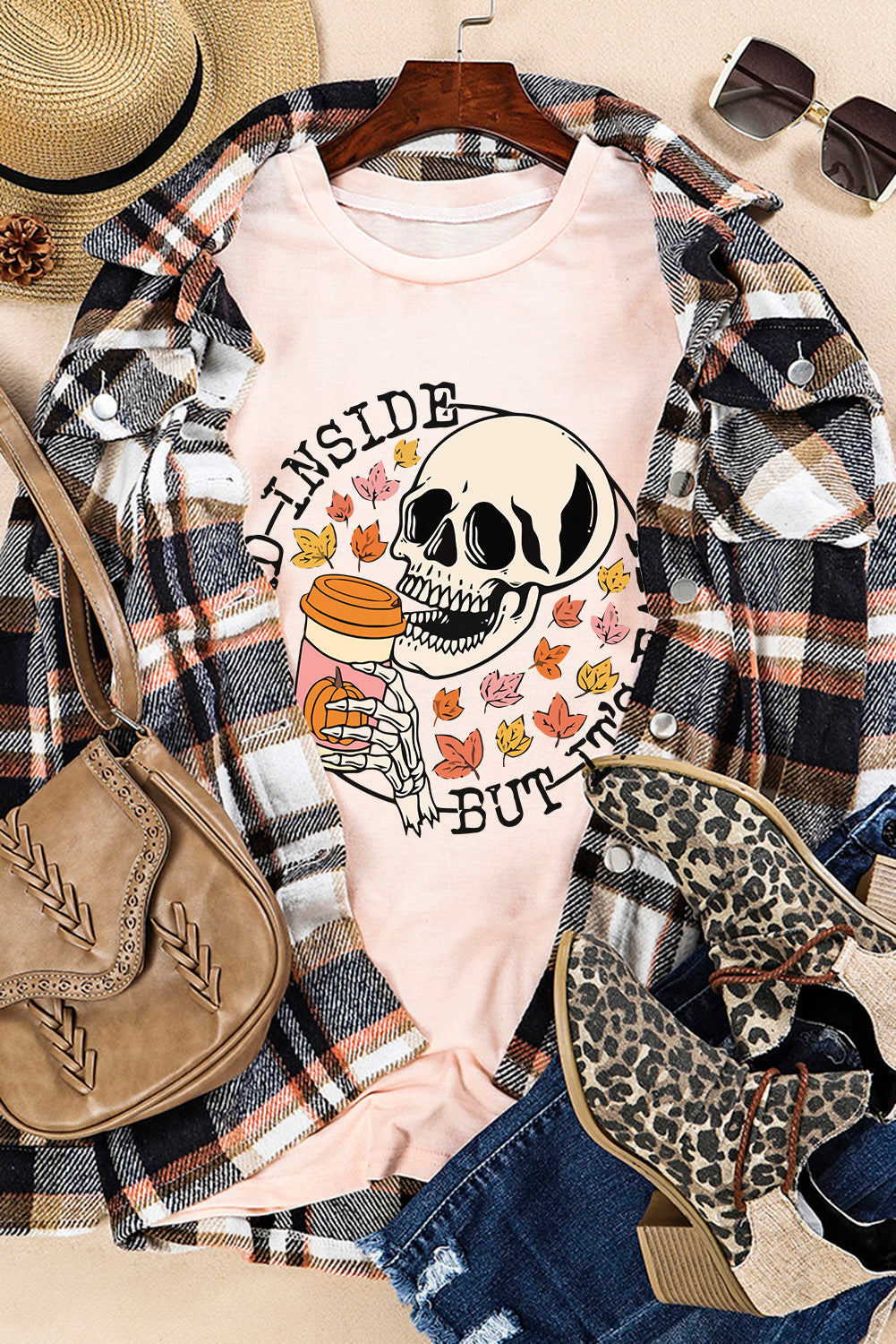 Pink Skull Pumpkin coffee Fall maple leaf T-Shirts Graphic Tees JT's Designer Fashion