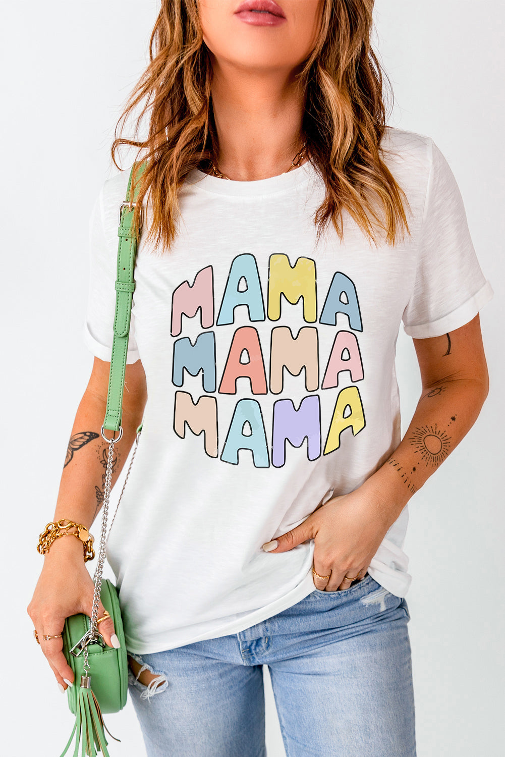 White MAMA Slogan Print Crew Neck Casual T Shirt Graphic Tees JT's Designer Fashion