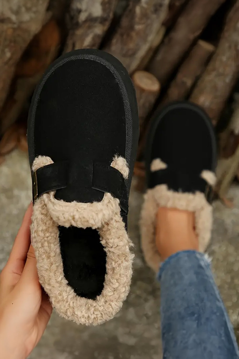 Black Plush Patched Buckle Decor Thick Sole Thermal Slippers Slippers JT's Designer Fashion