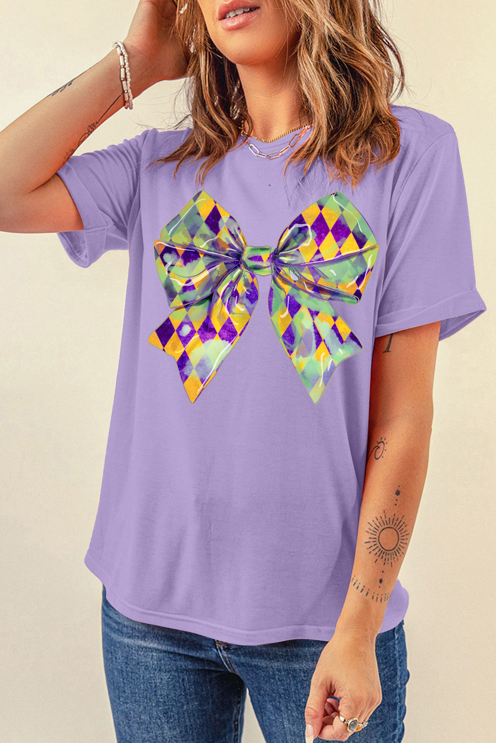 Wisteria Mardi Gras Bowknot Pattern Crew Neck T Shirt Graphic Tees JT's Designer Fashion