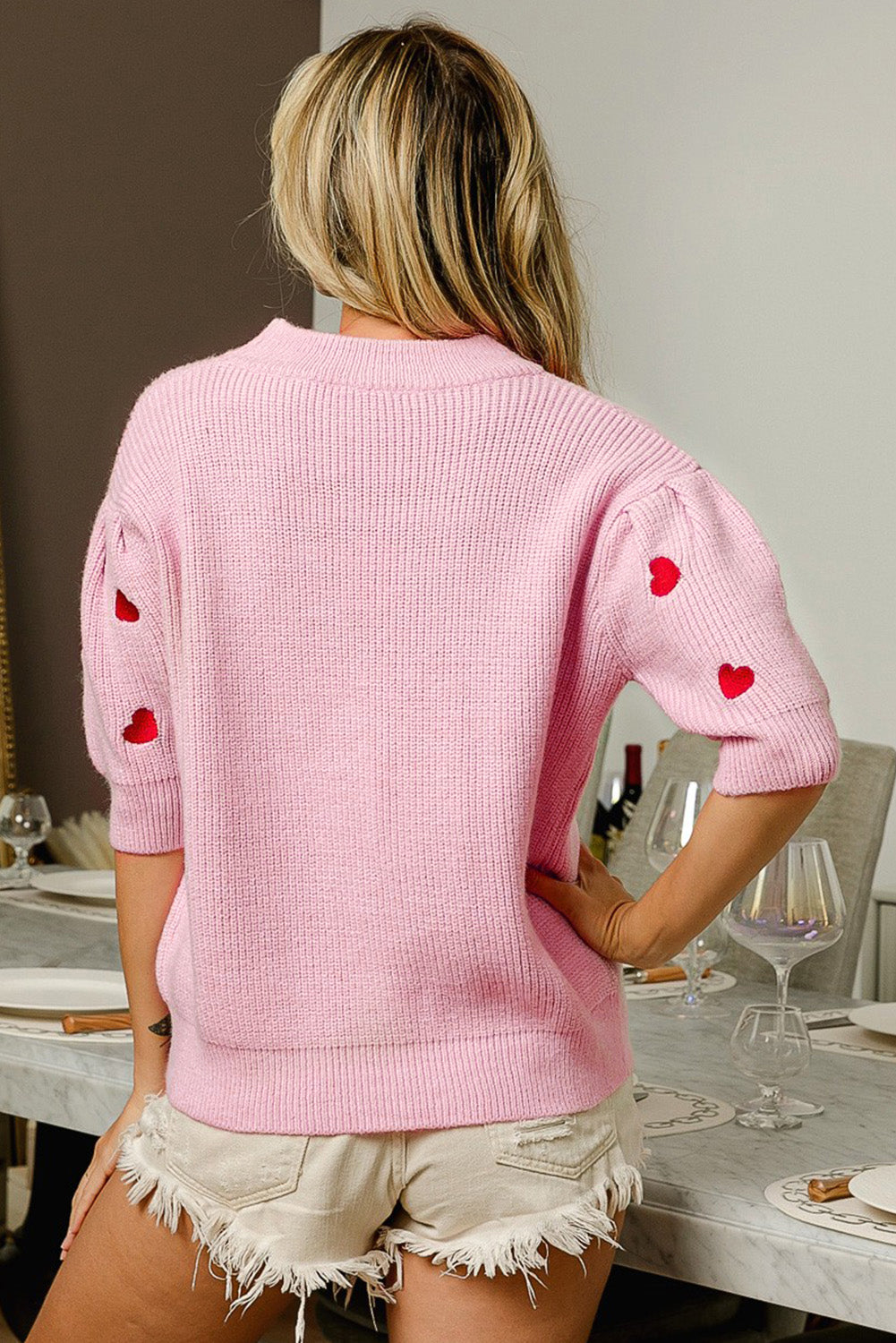 Pink Valentines Heart Pattern Half Sleeve Sweater Sweaters & Cardigans JT's Designer Fashion