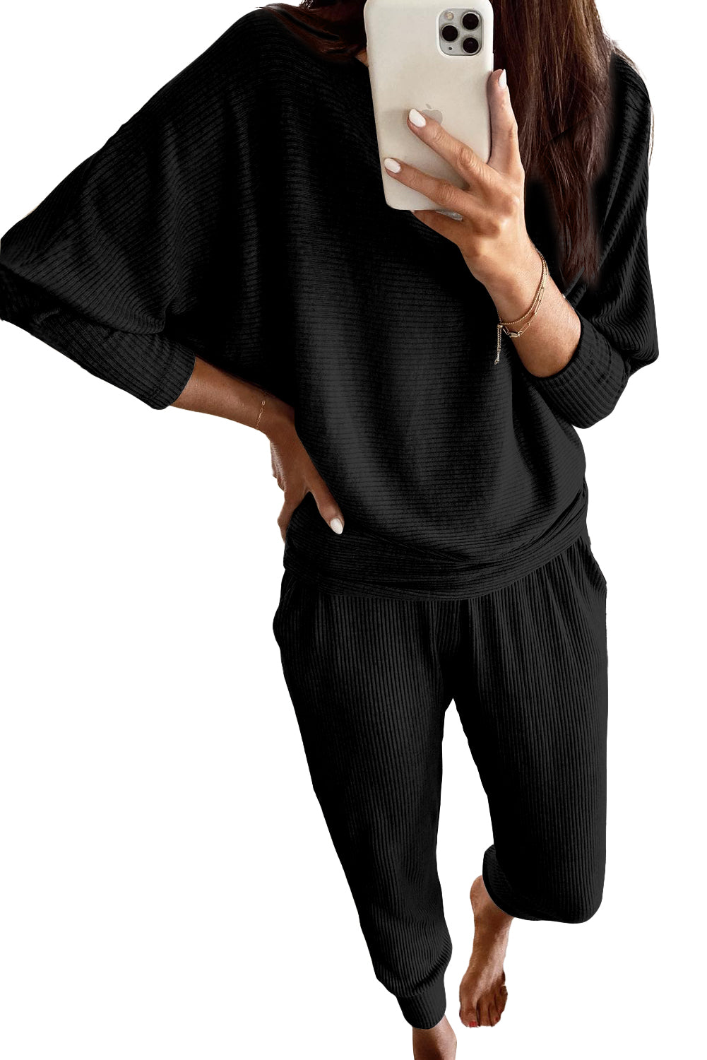 Black Ribbed Dolman Sleeve Top and Pocketed Pants Set Loungewear JT's Designer Fashion