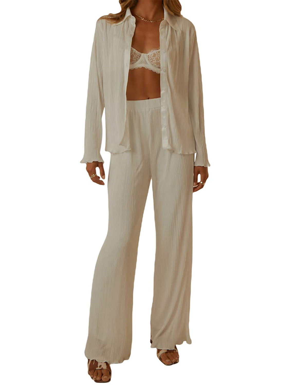 Collared Neck Long Sleeve Top and Pants Lounge Set Sleepwear JT's Designer Fashion