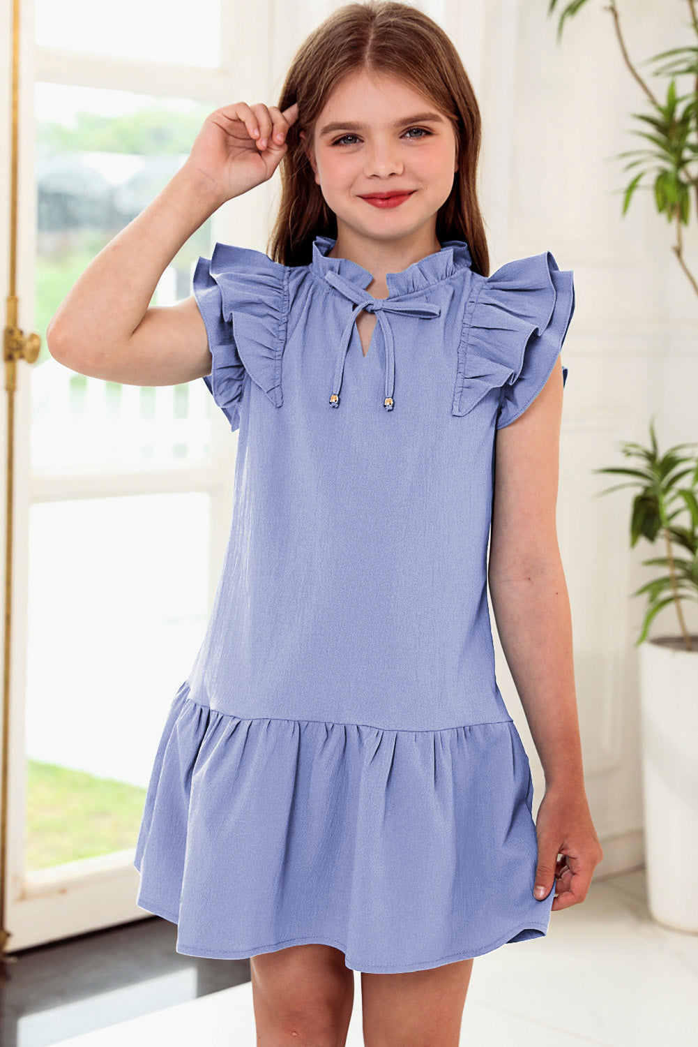 Tie Neck Flutter Sleeve Dress Periwinkle Girls Dresses JT's Designer Fashion