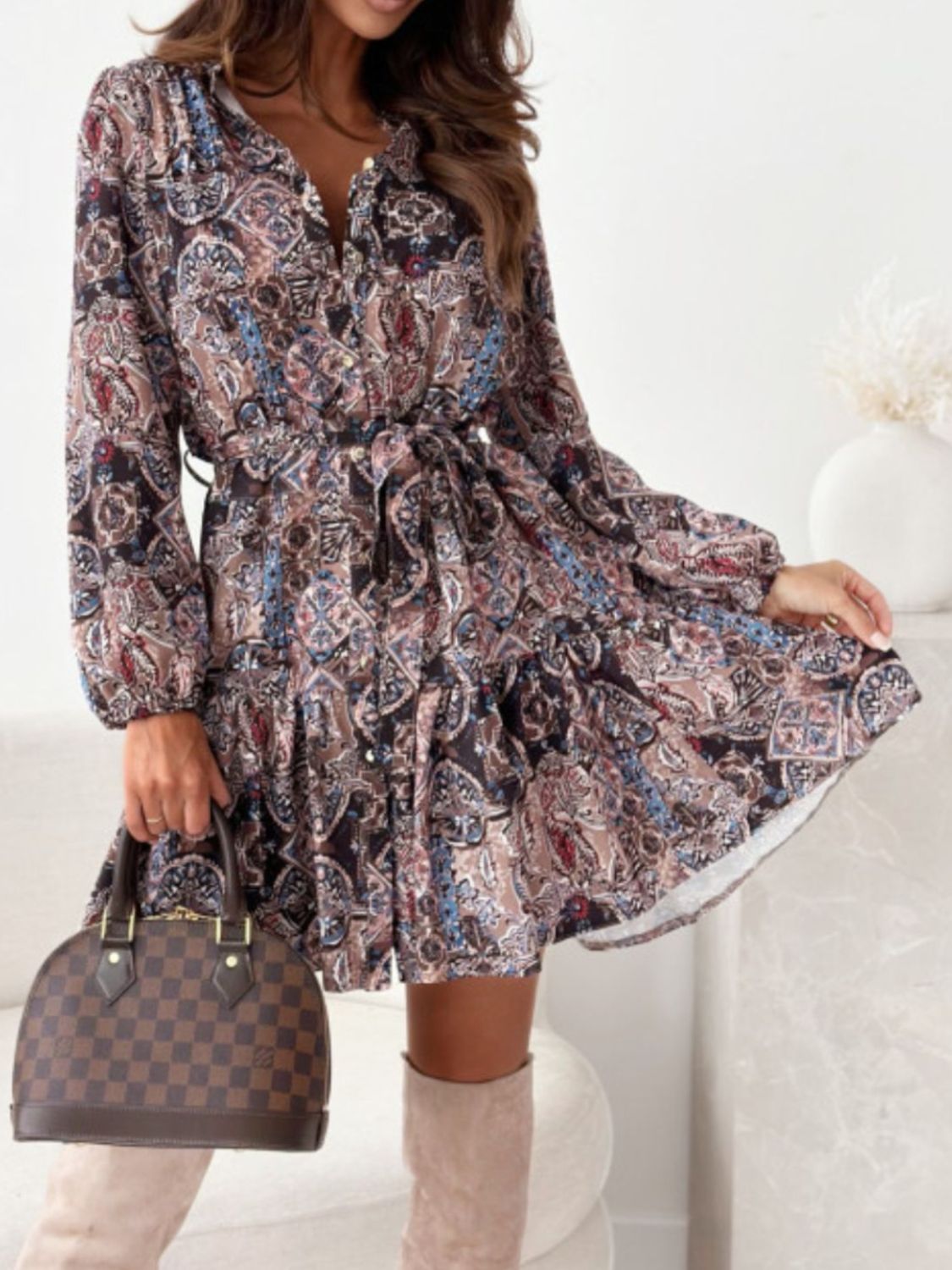 Ruffle Hem Floral Long Sleeve Dress Mini Dresses JT's Designer Fashion