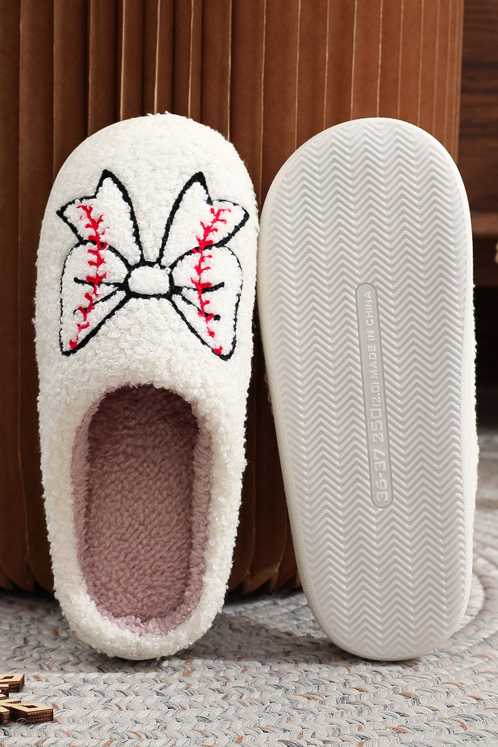 White Bow Knot Rugby Pattern Plush Warm Slippers Slippers JT's Designer Fashion