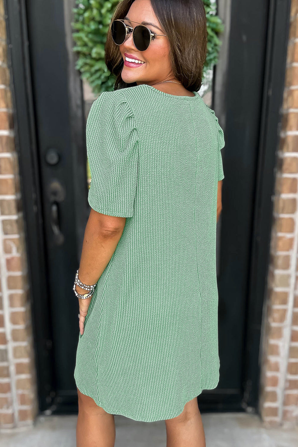 Mint Green Corded Knit Crew Neck Puff Sleeve Shift Mini Dress T Shirt Dresses JT's Designer Fashion