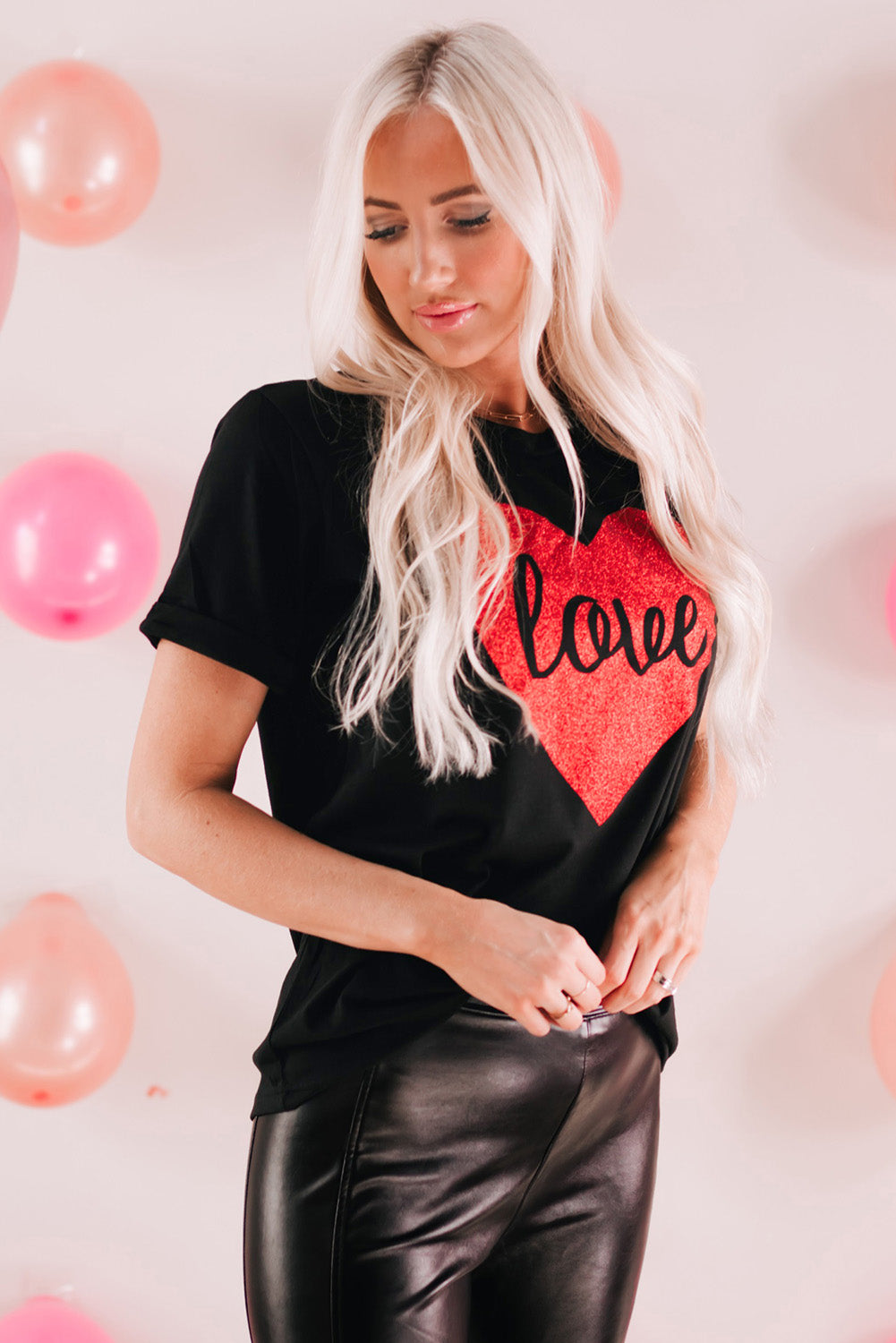 Black Love Heart Shaped Glitter Print T Shirt Graphic Tees JT's Designer Fashion