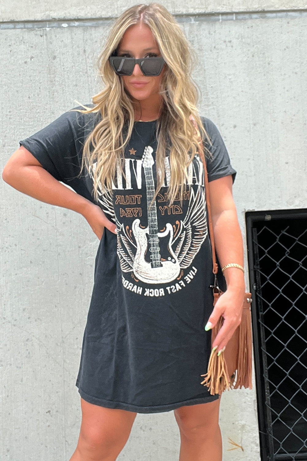 Black Nashville Guitar Print Crew Neck T Shirt Mini Dress T Shirt Dresses JT's Designer Fashion