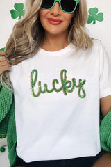 White Sequined Lucky St.Patricks Day Graphic Tee Graphic Tees JT's Designer Fashion