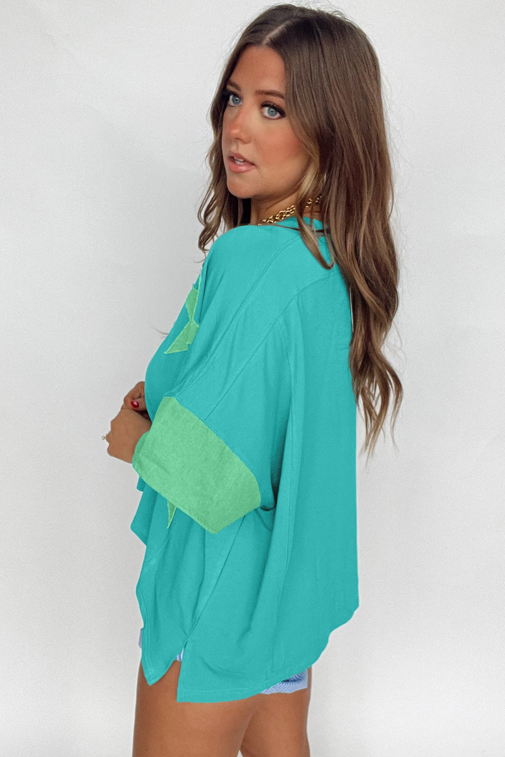 Aruba Blue Frayed Denim Star Patched Oversize T Shirt Pre Order Tops JT's Designer Fashion