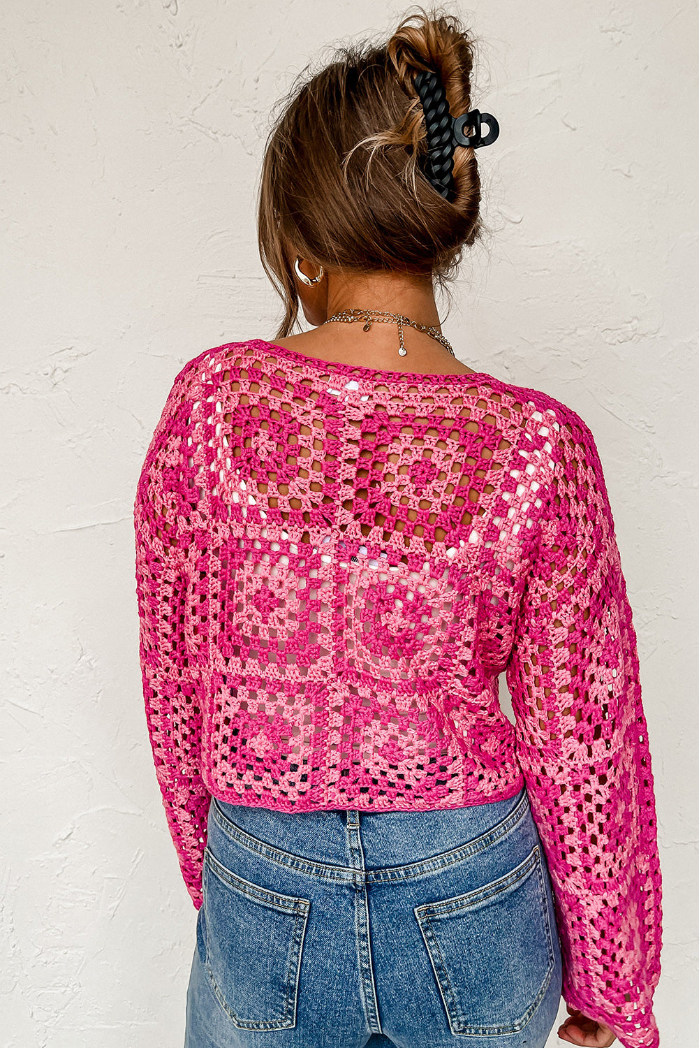 Pink Geometric Pattern Pointelle Crochet Long Sleeve Top Pre Order Sweaters & Cardigans JT's Designer Fashion