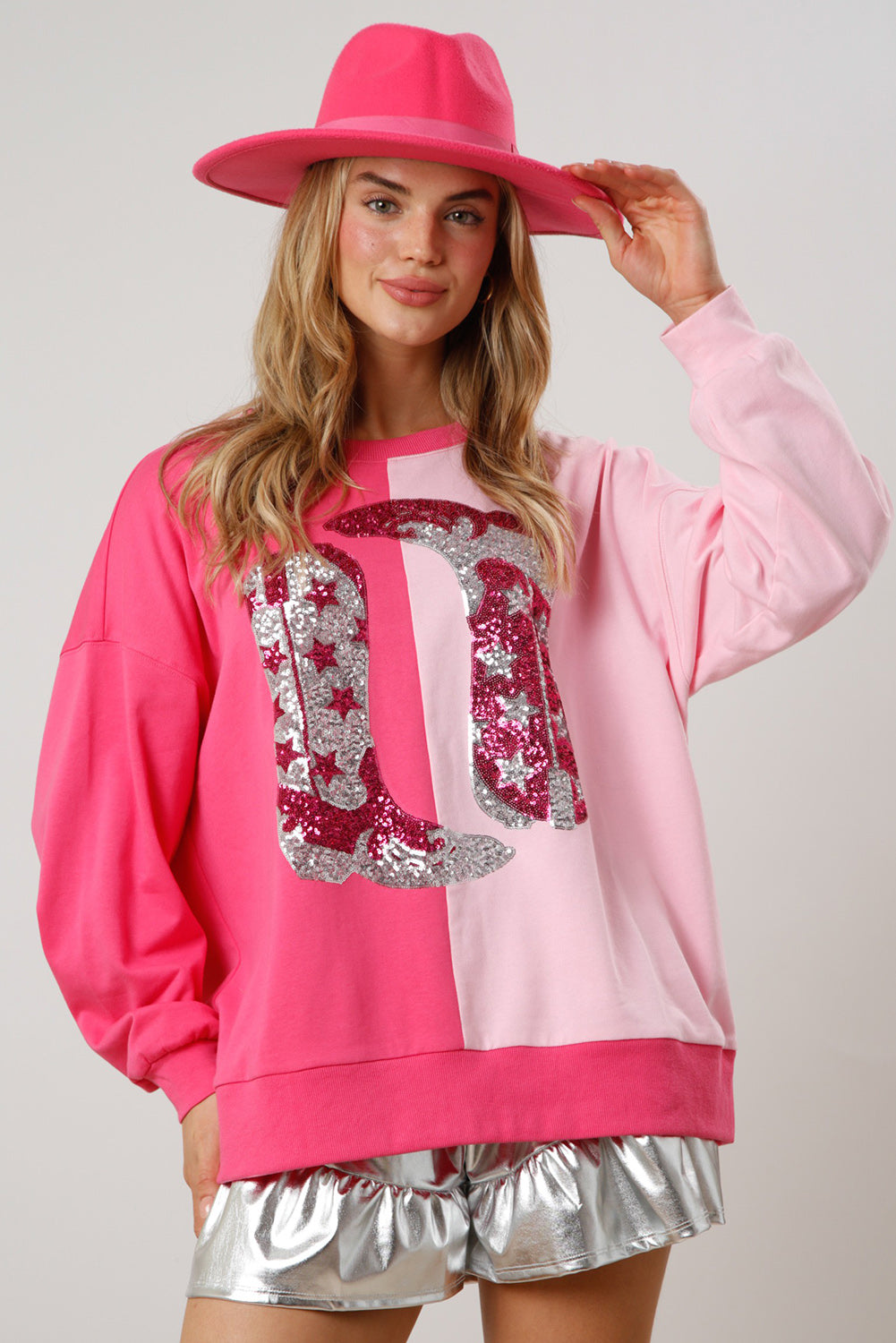 Pink Color Block Sequined Cowgirl Boots Graphic Sweatshirt Sweatshirts & Hoodies JT's Designer Fashion