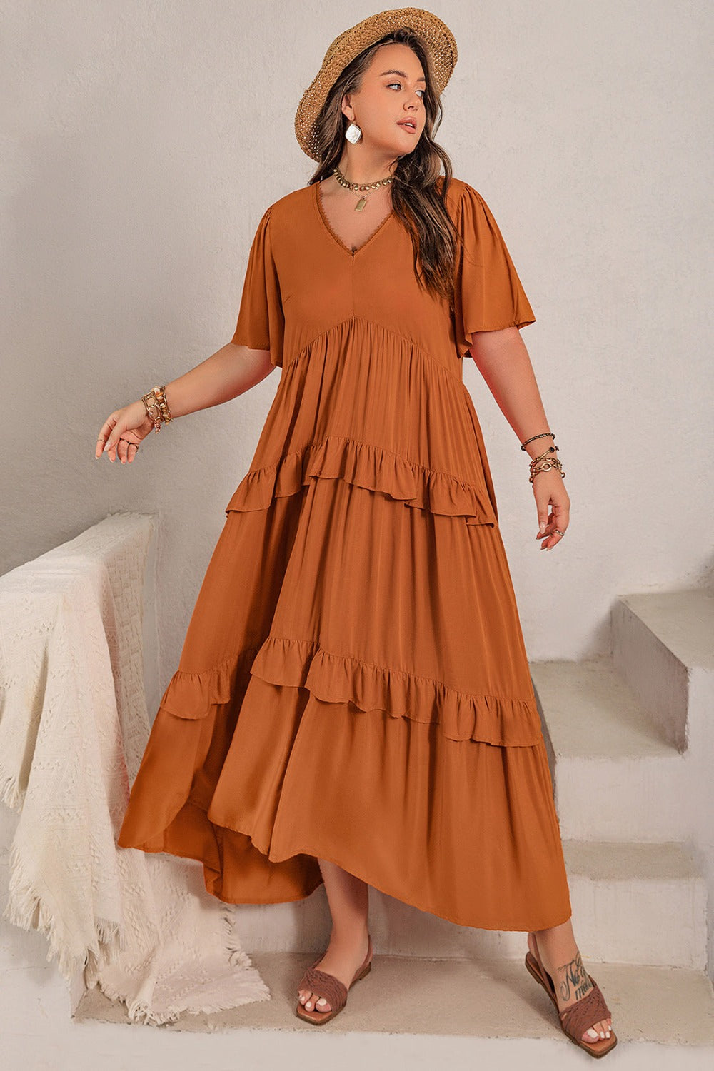 Plus Size V-Neck Flutter Sleeve Maxi Dress Terracotta Maxi Dresses JT's Designer Fashion