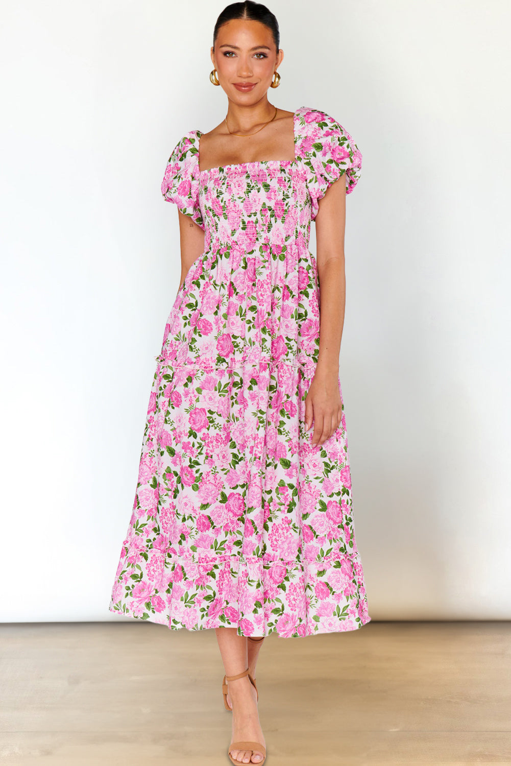 Pink Dainty Floral Smocked Puff Sleeve Flowy Long Dress Maxi Dresses JT's Designer Fashion